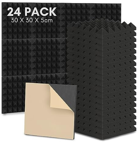 Ansobea 24 Stück Akustikschaumstoff Noppenschaumstoff, Pyramide Akustikpaneele,Schaumstoffplatte mit Aufkleber,für Aufnahmestudio,Tonstudio,Arbeitszimmer,Tanzstudios,Heim 30 x 30 x 5 cm