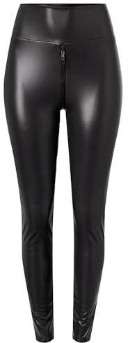 ADovz Matte Lederhose, elastisch, hohe Taille, Kunstlederhose, sexy Schritt-Leggings mit doppeltem Reißverschluss, Schwarz, M