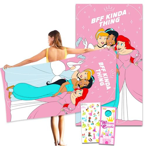 Disney Prinzessinnen-Strandtuch-Set, 101,6 x 182,9 cm, Disney Strandtuch mit Aufklebern und mehr, Cinderella, Arielle, Jazmin Strandzubehör