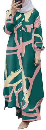 boseucn Muslimisches Kleid Damen, Damen Muslime Kleid Gebet Islamische Gebetskleidung Frauen Drucken Muslimisches Button Kleider Langarm islamisches Abaya Maxikleid Türkische Robe (Z241-Green, M)