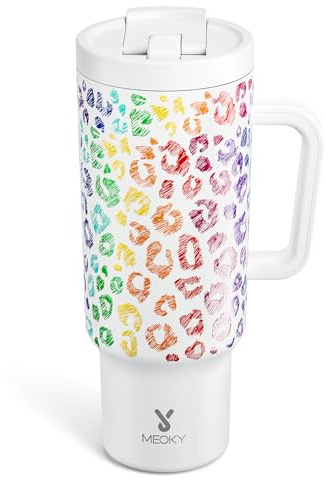 Meoky 1.2L Tumbler with Handle and Folding Straw, 100% Leakproof Tumbler with Lid and Straw, Stainless Steel Insulated Cup, Cup Holder Friendly, Keeps Cold for 34 Hours (Kiss)
