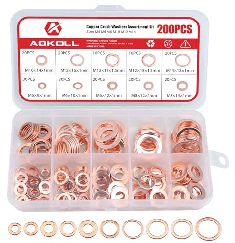 AOKOLL 200 rondelle in rame di tenuta e tappo di scarico assortite, kit metrico M5 M6 M8 M10 M12 M14 (rame)