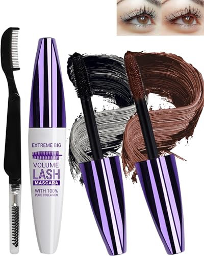 5D Silk Fiber Noir Marron Mascara Volume et Longueur with brosse a cils, Waterproof et Longue Tenue avec une Définition Précise, Fast Dry False Lash Effect, Créer un Maquillage des Yeux Charmant-01+02