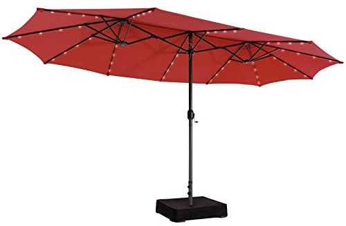 GYMAX Ombrellone Doppio da Giardino con Base, 4,7x2,8 M, Pannello Solare Auto-caricante e 48 Luci Solari, Ombrellone Grande con Manovella (Vino)