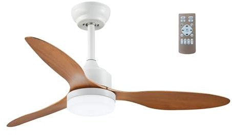 VZLED - Ventilador de Techo Blanco con Aspas de Imitación Madera - Motor DC - Iluminación LED Ajustable y Temporizador Programable - Diseño Moderno y Funcional