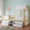 Bezauberndes Niedriges Hochbett In Weiß Und Natur Mit Dach, Fenstern Und Vier Schubladen, Hergestellt Aus Kiefernholz, Mit Einer Kleinen Treppe, Perfekt Für Kinderzimmer
