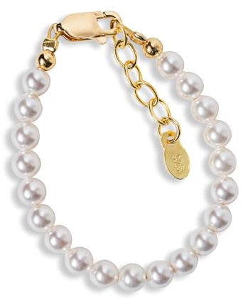 Cherished Moments 14K Gold-Plated Bracelet for Babies, Toddlers, Kids, and Little Girls with Simulated Pearls Gift for Baby Shower, Flower Girl, or Granddaughter (MED)