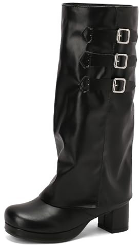 LIPIJIXI Wide Calf Knee Stivali Alti Block Heel Fibbia Stivali per donne Black Side Zip Performance Stivali Cowboy Punta Rotonda High Heel Stivali Lunghi Size 10.5