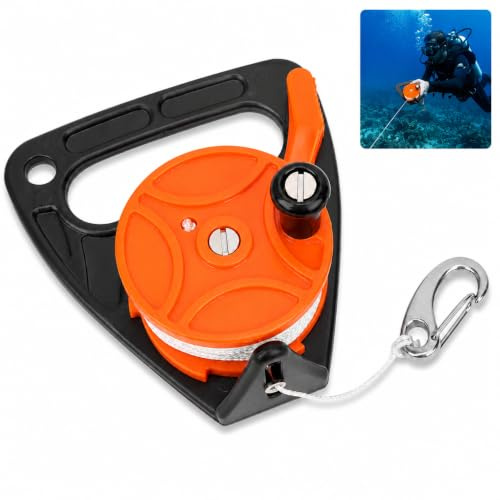 BOROCO Tauchrolle mit Griff und Arretierung, 150 Fuß PP-Seil, Orange | Die Tauchleinenrolle ist mit Karabinerhaken Ausgestattet und Geeignet für Unterwassertauchen Höhlenerkundung und Schnorcheln