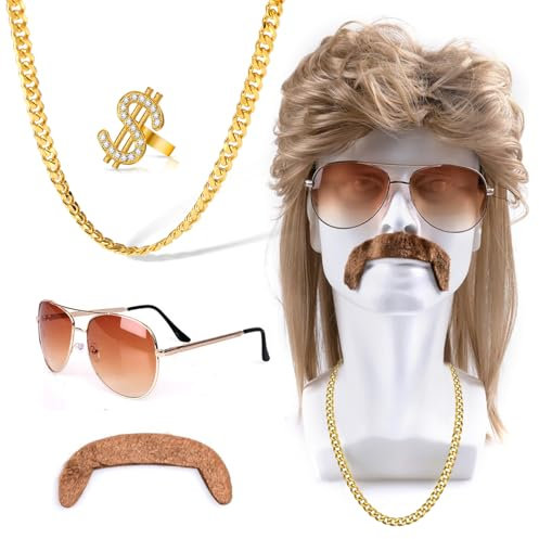 Mailfull Perruque Mulet Homme 5 Pièces 70s 80s Costume de Perruque Rock Accessoires avec Lunettes de Soleil Collier Disco Fausse Barbe pour Soirée Déguisée Carnaval Cosplay Halloween
