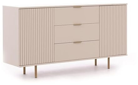 BETTSO - Kommode Kaschmir - Kommode mit Schubladen und Türen - 150cm breit, 80cm hoch - Hohe Beine, goldene Griffe und Beine, dekorative Rillen - für Wohnzimmer, Schlafzimmer, Flur
