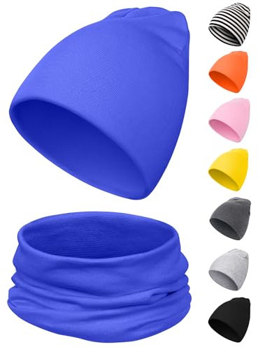 Kiiwah Kinder Beanie Mütze und Loop Schal Set, Weiche Baumwolle Warme Strickmützen und Schals für Baby Herbst Winter Frühling(Blau)
