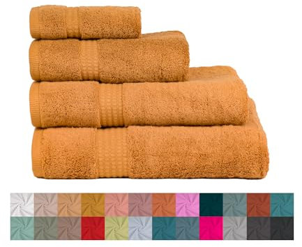 TRAMAS+ 4er-Set Premium 700 g Handtücher, 100% Baumwolle, 2 Handtücher 50x100 cm und 2 Badetücher 70x140 cm, extra weich, schnelltrocknend und sehr saugfähig - Ocker
