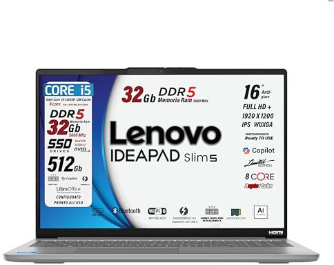 Lenovo Ideapad slim5, pc portatile Notebook, i5 13420H 13Th, DDR5 32Gb, Display WUXGA 16 IPS FHD+, SSD da 512Gb, Wi-Fi 6, Bt, USB Thunderbolt, Tastiera retroilluminata, Win11 Pro, Pronto all'Uso