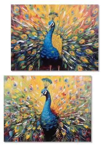 formano Wandbild Pfau 2er Set 60x80 cm Leinwand Gemälde Wohnzimmer Modern Deko Geschenk Modern Natur Vögel Wanddekoration Farbenfroh Schlafzimmer Büro