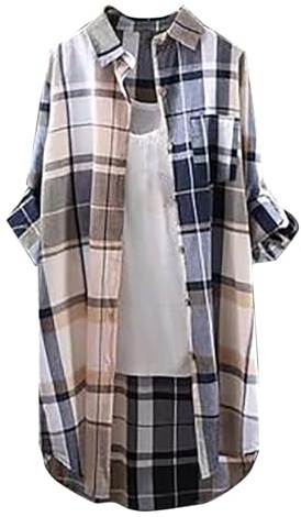 Angxiwan White Blouses for Women UK Plus Size Plaid Shirts for Women UK Plus Size Button Long Sleeve Summer Cardigan Casual Loose Fit Flowy Hem Tunic Tops Elegant Collar Long Tshirts