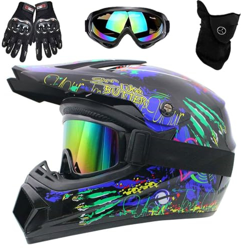 Motorradhelm, DOT-Zertifizierter Integralhelm für Dirtbikes, für Kinder, Jugendliche und Erwachsene, Motocross-Helm Mit Maske, Schutzbrille und Handschuhen(Blue Claw,XL (58-59cm))