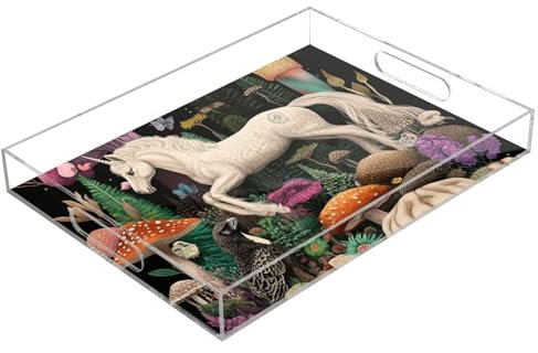 Cartoon Cute White Unicorns Acrylic Serving Tray with Handles Square Acrylic Tray 12x16 Serving Tray Clear Spill-Proof