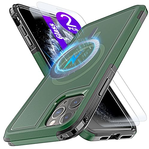 YmhxcY Magnetic for iPhone 11 Pro Max Case 6.5-Inch,Fit for MagSafe,[2 Pack Tempered Glass Screen Protector] Shockproof Military-Grade Protection case-Green