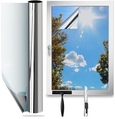 Gutsurge Hitzeschutzfolie Fenster 60x200cm Sonnenschutzfolie Fenster innen oder außen Fensterfolie Sonnenschutz UV Folie Fenster Hitzeschutz Spiegelfolie Fenster Sichtschutz Rückstandslose Silber