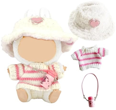 AYNKH 3 Pcs Doll Clothes & Accessories for 17cm Dolls, Doll Clothes Outfits Set with Hat Sweater Bottle, Cute Plush Clothes Birthday Holiday Present for Girls Kids, No Doll