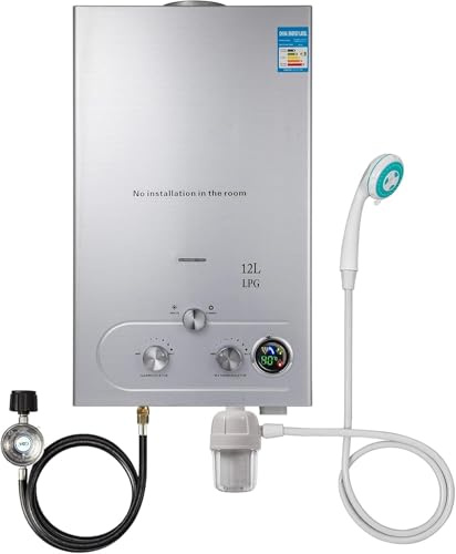 Chauffe-eau à Gaz,12LPM 24KW Chauffe-Eau Sans Réservoir Portable, Chauffe-eau Instantané au Propane Avec Affichage Numérique Multi-protection Pour les Voyages en Camping, RV Voyage (12L)