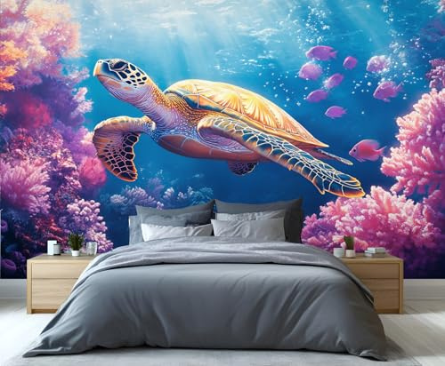 YXQAIED Sea Turtle Wallpaper, Blue Ocean Wallpaper for Bedroom Underwater World Living Room Wallpapers, Fish Coral 3D Photo Murals for Hotel Apartments, 200x140cm (Not Peel and Stick)
