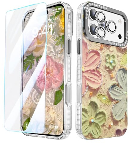 MATEPROX Kompatibel mit iPhone 17 Pro Max Hülle, Stylische Bunte 3D Ölgemälde Hartschutzhülle mit Panzerglas, Dünne Handyhülle für iPhone 17 Pro Max 6,9'' 2025-Blume