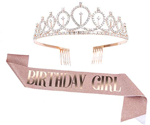 Set Anniversaire Fille – Diadème et Écharpe Rose Gold Pailletée, Couronne Cristal Accessoire Fête Anniversaire, Cadeau pour Filles Décorations de Soirée