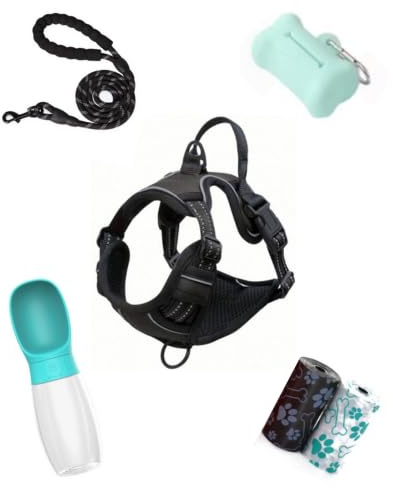 Idée Cadeau - Kit Promenade Chien – Harnais Réglable, Laisse, Gourde d'eau, Distributeur + 2 Rouleaux de Sacs à Déjection (M)