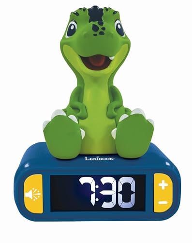 Lexibook, Dinosaurier, Nachtlicht-Wecker, RL800DINOLXB | Klänge und Melodien, LCD-Display mit Hintergrundbeleuchtung, Leuchtend, Schlummerfunktion, Blau/Grün