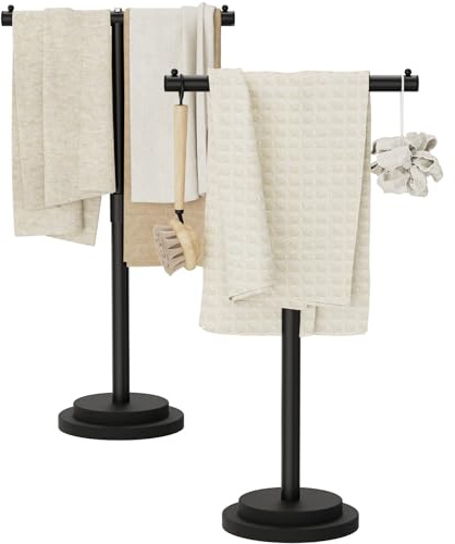 GUOHNHE Porta Asciugamani da Terra Modello T, (46-80)x41x24 cm, Nero, Set 2 | Altezza Regolabile Portasciugamani in Acciaio Inox, Pratico Organizzatore Stabile, Resistente Piantana Porta Asciugamani