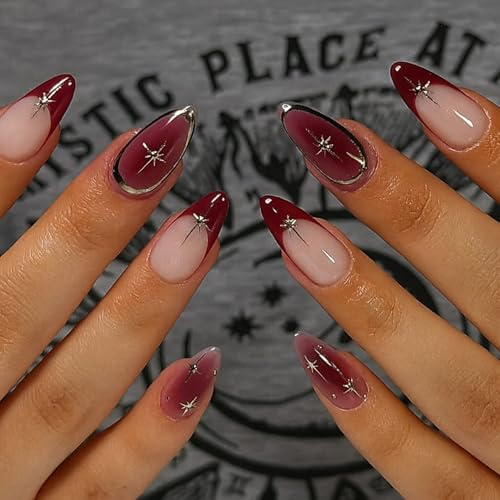 Burgundy Ombre Press On Nails - 24Pcs Almond French Tips with Metallic Star Accents, Medium Long Handmade Set for Winter Snowflake Nail Art Look