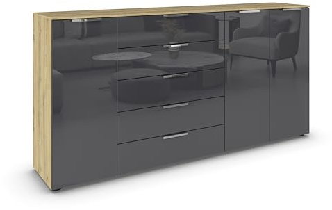 Rauch Möbel Flipp, Kommode, Farbe Glas Basalt/Eiche Artisan, Breite 199 cm | Sideboard, 3-türig, 5 Schubladen, Glasfront, Soft-Close-Funktion, für Schlafzimmer, Gästezimmer, Wohnzimmer, Garderobe, Flur