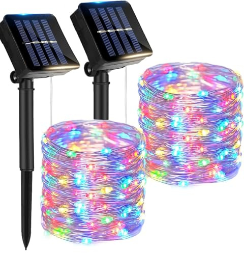 Guirnalda Luces Exterior Solar，2 Pack Luces Solares Led Exterior Jardin, 12m 120 Led Guirnalda Luz Solar Exteriors, 8 Modos, Ip65 Impermeables para Navidad, Bodas, Fiestas, Jardines (luz coloreada)