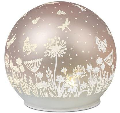 formano LED Deko Kugel Glas Peach Rosa 15cm Matte Glasleuchte mit Blumen-Dekor- Timer 6h/18h, batteriebetrieben (3× AA), stimmungsvolles Ambientelicht für Tisch, Fensterbank & Regal
