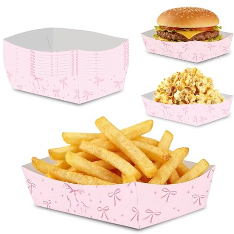Komergave 24 Pcs Pink Bow Party Food Trays, Pink Patterned Paper Food Trays for Cinema, Birthday Parties, Wedding Events, Grease Resistant Disposable Serving Paper Trays for Party Supplies