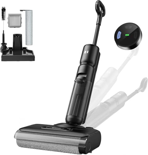 Redkey Aspirapolvere Lavapavimenti Senza Fili, 75 min Max, 23KPa Aspirapolvere Lavapavimenti, Autopulizia, Doppio Serbatoio Acqua, Avviso vocale LED, per Pavimenti Duri e Peli di Animali Nero