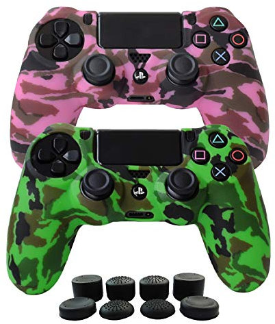 Hikfly Silicone Controller Cover Skin Protector Case Faceplates Kits for Sony Playstation 4 PS4/PS4 Slim/PS4 Pro Cntroller Video Games(2xCover with 8 x Thumb Grips Caps)(Green,Pink)