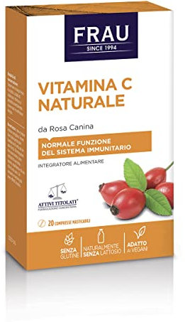 FRAU Vitamina C Naturale, Integratore Alimentare a base di Vitamina C da Rosa Canina, Confezione 20 pastiglie, Prodotto Naturale, Senza Lattosio, Senza Glutine, Per Sistema Immunitario e Ossa