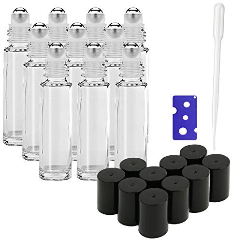 JamHooDirect 10Pcs, 10ml Transparent Essential Oil Glass Roller Bottles with Stainless Steel Roller Balls Perfect for Fragrance, Aromatherapy (Included 1 Bottle Opener & 1 Dropper)
