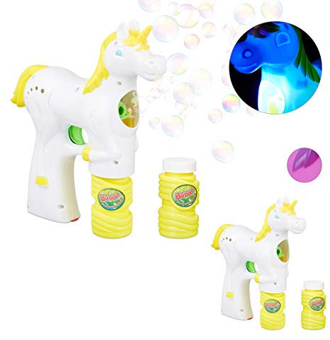 Relaxdays 2 x Einhorn Seifenblasenpistole, LED, batteriebetrieben, inkl. 4X Seifenblasen Flüssigkeit, Kinder & Erwachsene, weiß