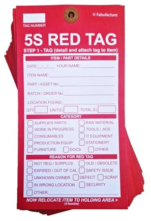 5S Red Tags from Go Industro. Pack of 100 Tags. Easy to Write on with Any Pen. Tough Card Material with Reinforced Punched Hole for All Industrial Sectors and Offices.