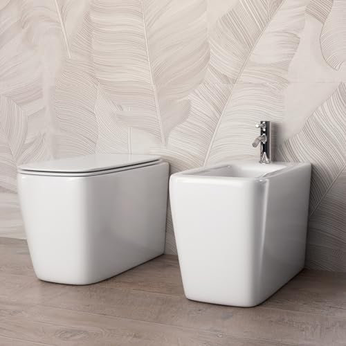 coppia di sanitari da terra in ceramica bianca, filo muro, seduta ammortizzata soft close, senza brida, serie Azalea