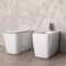coppia di sanitari da terra in ceramica bianca, filo muro, seduta ammortizzata soft close, senza brida, serie Azalea