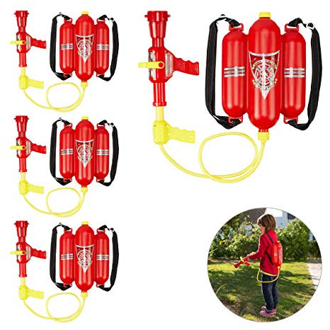Relaxdays 4 x Feuerwehr Wasserspritze, 2,5 l Wassertank, 5 m Reichweite, 2 Sprühfunktionen, Löschrucksack Kinder, rot-gelb