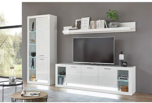 Lomadox Wohnwand Anbauwand Set, Hochglanz weiß, LED-Beleuchtung, Vitrinenschrank, TV-Lowboard, Wandregal