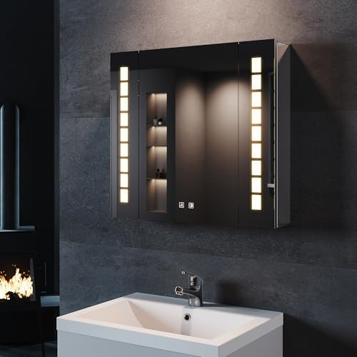 SONNI Spiegelschrank Bad 60 × 65cm beschlagfrei mit Steckdose Kabelloses Scharnier Design LED Spiegelschrank mit Touch Aluminium LED Spiegelschrank 3 einstellbare Lichtfarben