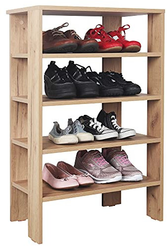 RICOO Schuhregal schmal und hoch 88x60x32cm Standregal Pressholz Eiche Braun WM040-EG, Schuhständer mit 4 Ebenen, Schuhschrank offen, Schuhablagen Flur Shoe Rack, Schuhablage klein, Schuhregale