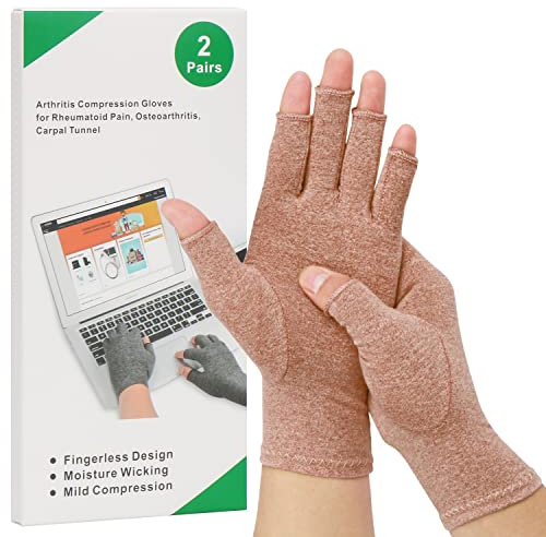 2-Paar Arthritis-Kompressionshandschuhe zur Linderung von rheumatoider Osteoarthritis, Muskelverspannungen lindern, fingerlos, atmungsaktiv & feuchtigkeitsregulierend, Frauen und Männer (Kaffee, L)